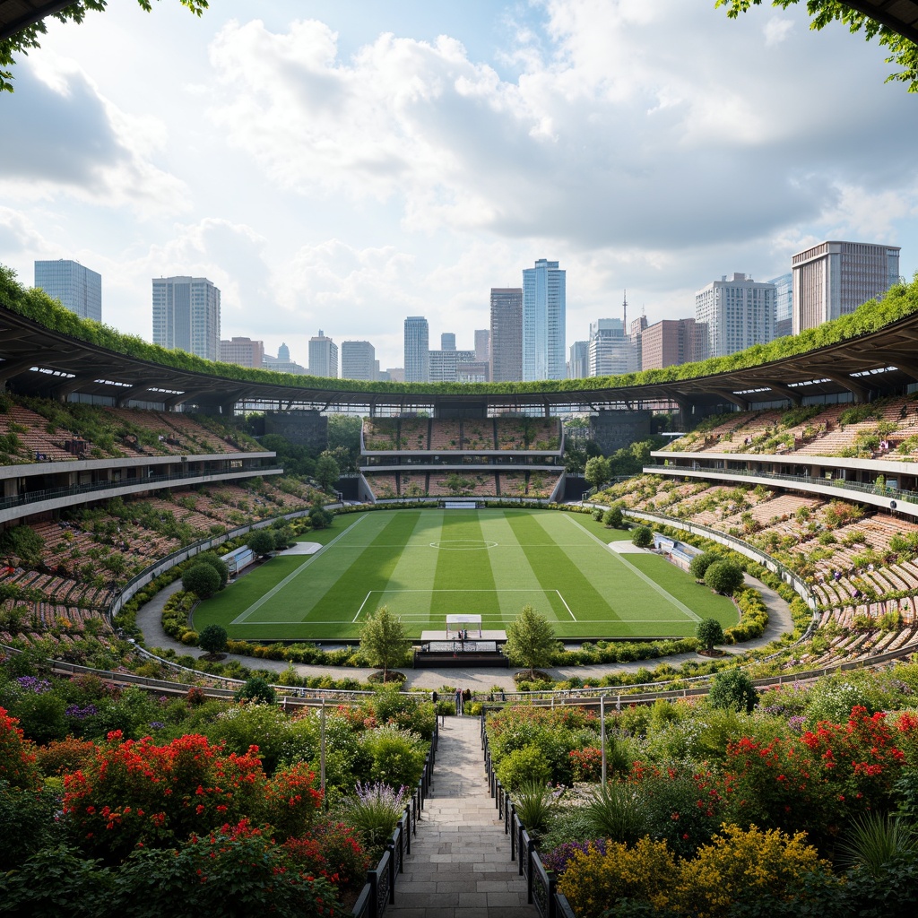 Prompt: Panoramic stadium views, lush green roofs, vibrant flower arrangements, natural stone fa\u00e7ades, curved lines, modern architecture, large windows, glass doors, cantilevered seating areas, open-air concourses, integrated landscape design, eco-friendly materials, sustainable energy solutions, solar panels, rainwater harvesting systems, green walls, living walls, urban agriculture, public art installations, dynamic lighting systems, shallow depth of field, 3/4 composition, realistic textures, ambient occlusion.