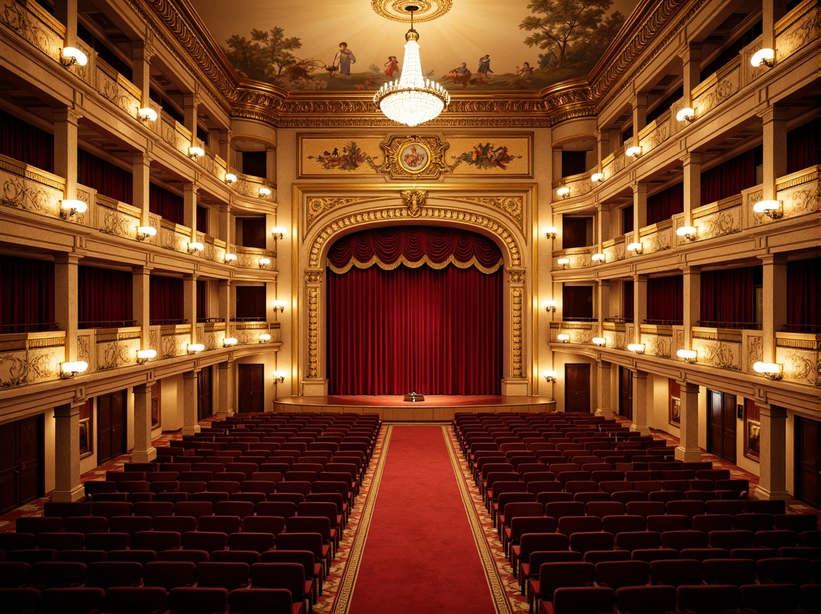 Prompt: Grand opera house, ornate details, rich velvet curtains, gilded moldings, marble columns, intricate frescoes, crystal chandeliers, luxurious red carpets, golden balconies, neoclassical arches, symmetrical composition, dramatic spotlights, warm soft lighting, shallow depth of field, 1/1 composition, realistic textures, ambient occlusion.