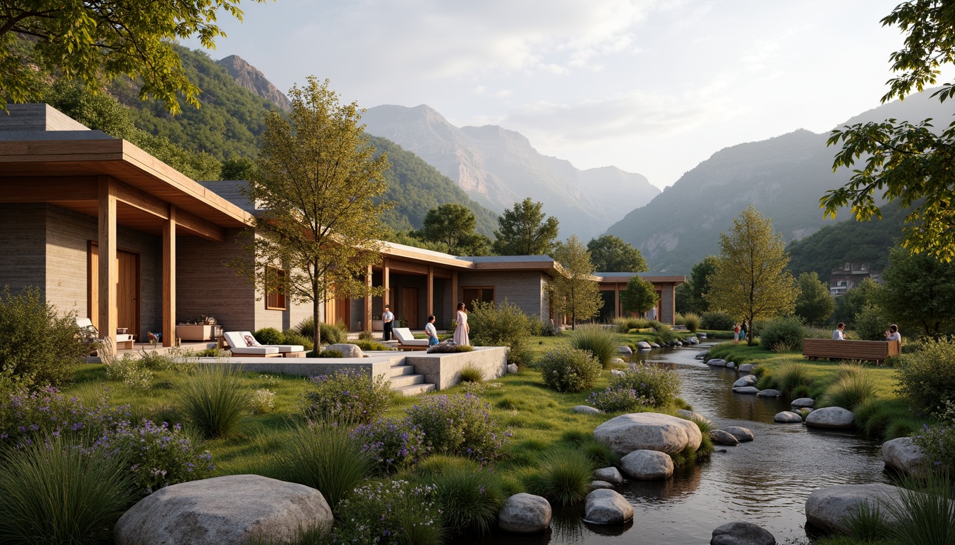 Prompt: Rustic regionalist venue, earthy tones, natural stone walls, wooden accents, lush greenery, blooming wildflowers, meandering streams, serene lakeside, rolling hills, misty mountains, warm golden lighting, soft focus, shallow depth of field, 2/3 composition, panoramic view, realistic textures, ambient occlusion, organic architecture, curved lines, earth-sheltered design, eco-friendly materials, sustainable energy solutions, solar panels, wind turbines, water conservation systems, green roofs, innovative cooling technologies.