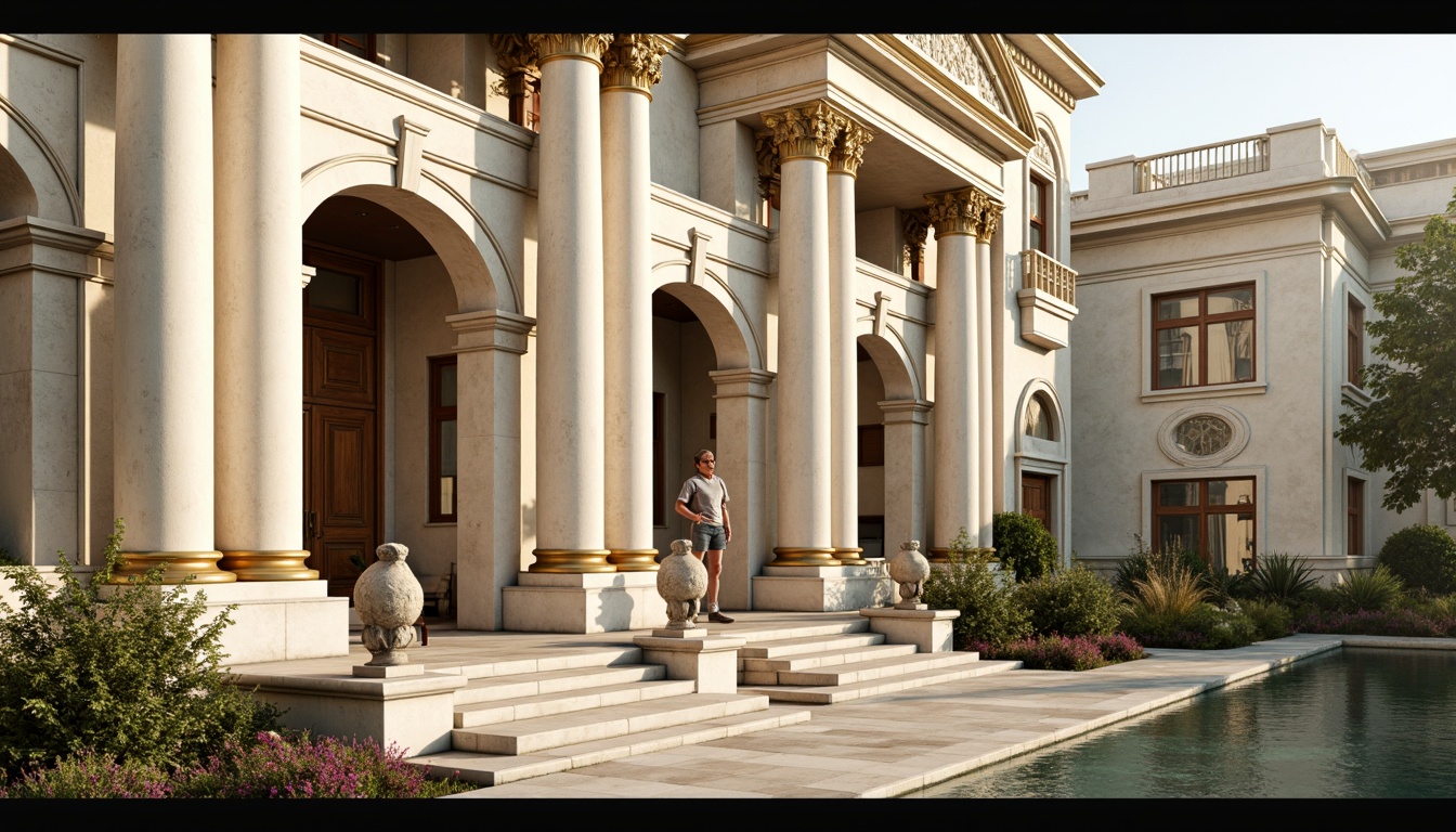 Prompt: Elegant neoclassical architecture, ornate columns, intricately carved details, grandiose entranceways, symmetrical facades, creamy white marble, rich gold accents, soft beige stone, muted earthy tones, subtle warm lighting, shallow depth of field, 2/3 composition, realistic textures, ambient occlusion, classical sculptures, ornamental fountains, lush greenery, blooming flowers, serene atmosphere, warm sunny day.