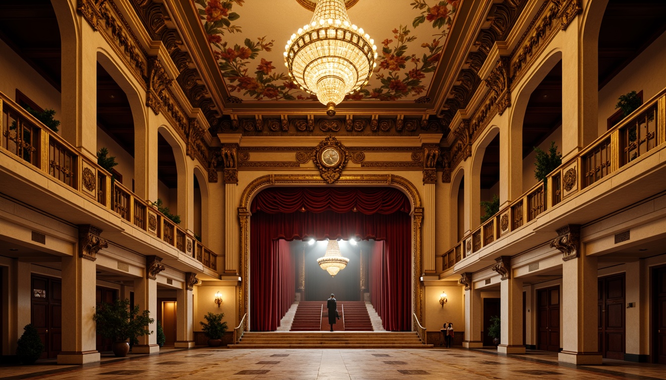 Prompt: Grandiose theater facade, neoclassical architecture, ornate columns, intricate carvings, symmetrical composition, grand entrance, sweeping staircases, opulent chandeliers, rich velvet drapes, gilded details, marble floors, frescoed ceilings, dramatic spotlights, warm golden lighting, shallow depth of field, 1/1 composition, realistic textures, ambient occlusion.