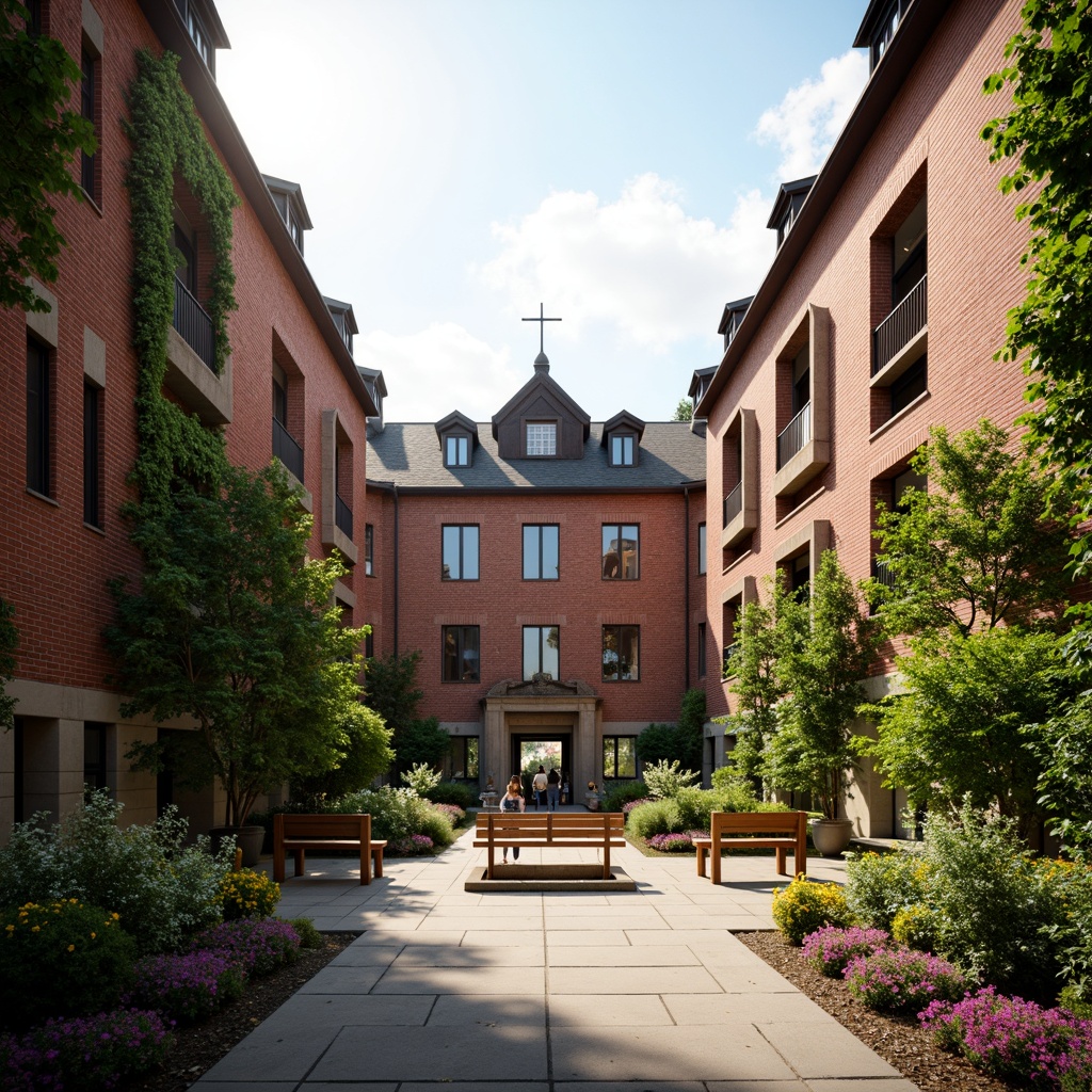 Prompt: Traditional academic architecture, symmetrical facade, ornate stone carvings, grand entrance gates, brick-red walls, steeply pitched roofs, dormer windows, ivy-covered walls, lush greenery, vibrant flowers, courtyard spaces, natural stone walkways, wooden benches, educational signs, warm golden lighting, shallow depth of field, 3/4 composition, realistic textures, ambient occlusion.