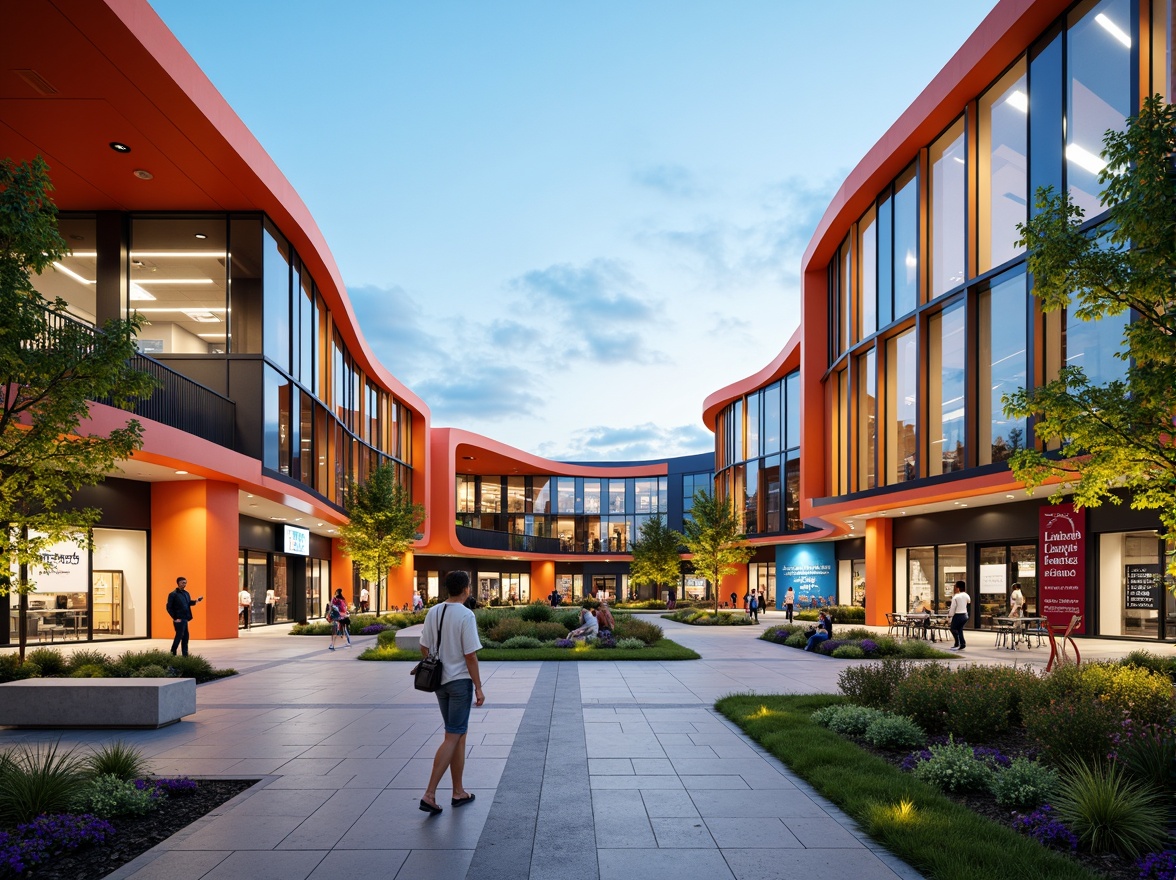 Prompt: Vibrant high school building, fusion architecture style, curved lines, dynamic shapes, bold color scheme, metallic materials, glass fa\u00e7ade, LED lighting system, modern entrance design, cantilevered rooflines, open-air courtyard, lush greenery, educational signage, interactive display screens, collaborative learning spaces, flexible seating arrangements, natural stone flooring, polished concrete walls, abundant daylighting, soft warm ambiance, shallow depth of field, 3/4 composition, panoramic view, realistic textures, ambient occlusion.