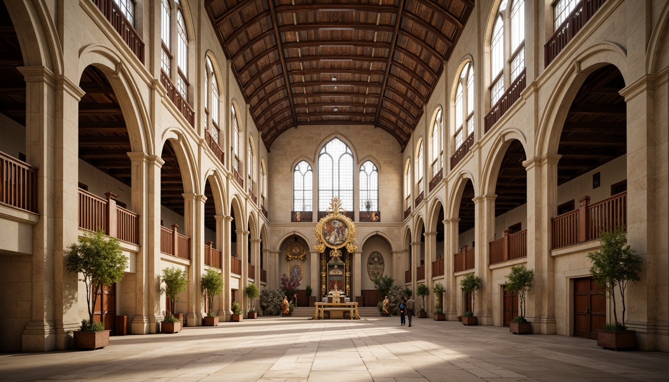 Prompt: Grand Romanesque cathedral, ornate stone carvings, stained glass windows, high ceilings, clerestory lighting, arched doorways, rustic wooden doors, intricate frescoes, vaulted roofs, natural stone flooring, warm beige tones, soft diffused light, indirect sunlight, 1/1 composition, symmetrical framing, subtle shadows, ambient occlusion, realistic textures.