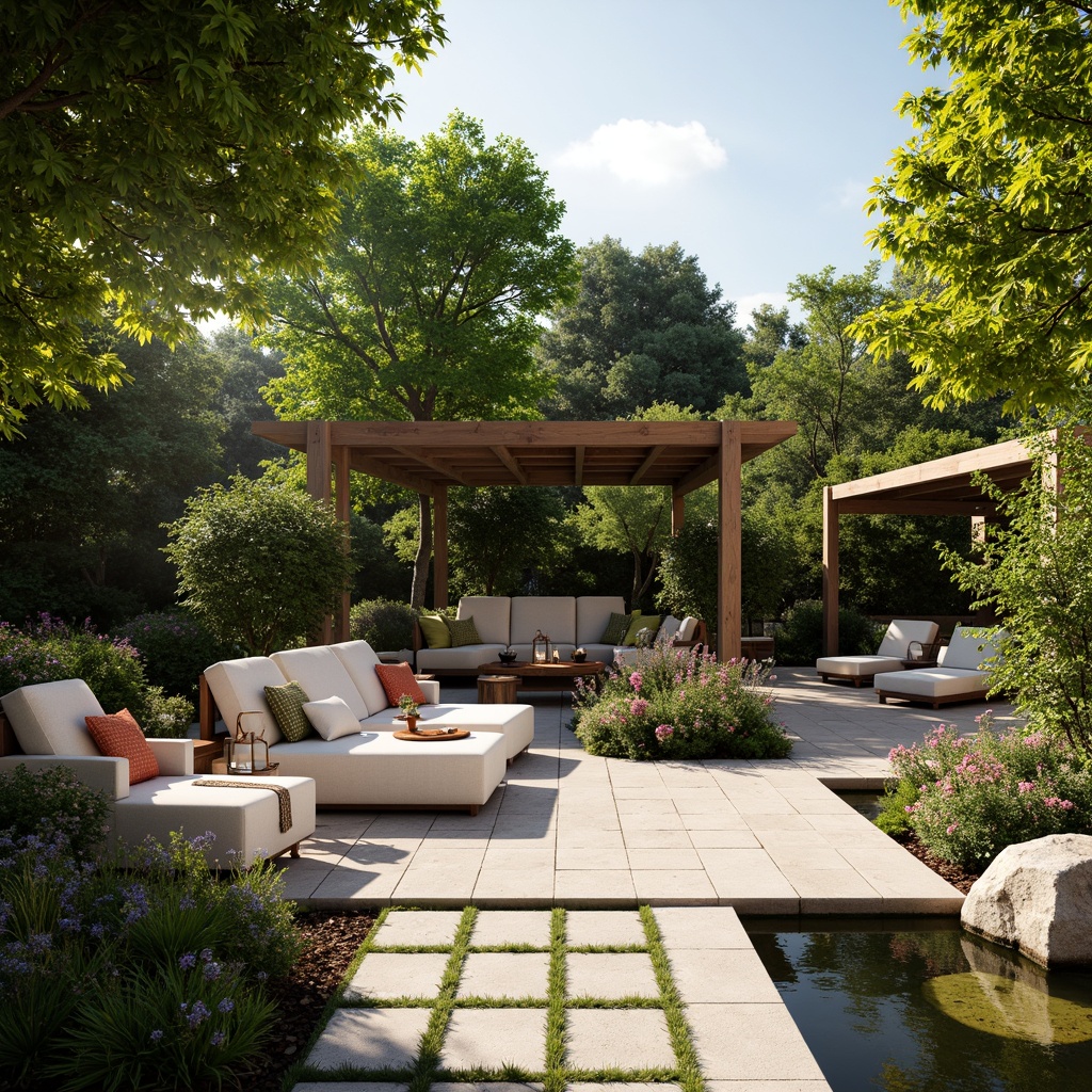 Prompt: Cozy patio, lush greenery, vibrant flowers, comfortable outdoor furniture, soft cushions, warm lanterns, natural stone flooring, wooden accents, modern pergola, tranquil water features, small ponds, gentle fountains, sunny day, soft warm lighting, shallow depth of field, 3/4 composition, panoramic view, realistic textures, ambient occlusion.