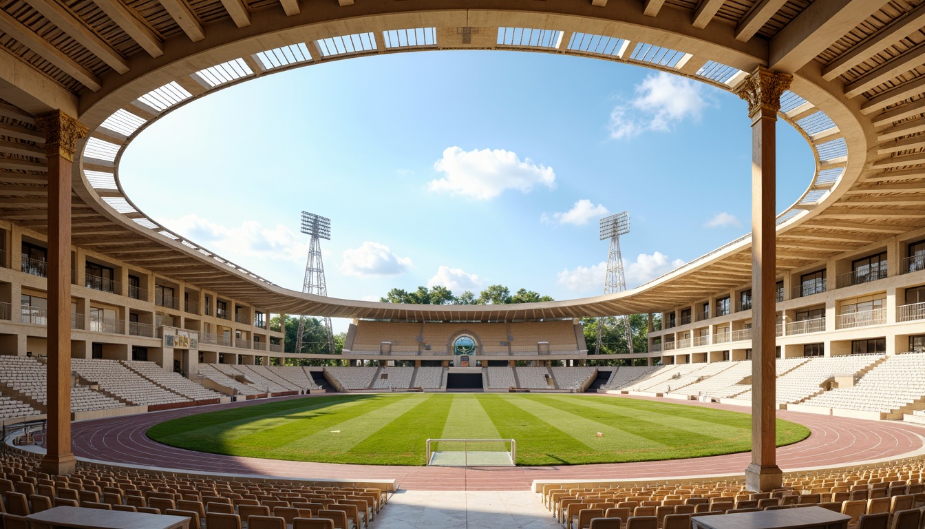 Prompt: Grandiose stadium architecture, neoclassical columns, ornate facades, marble flooring, golden accents, rich wood tones, cream-colored walls, soft beige seating, vibrant green turf, athletic track lanes, modern floodlights, clear blue sky, warm sunny day, shallow depth of field, 3/4 composition, panoramic view, realistic textures, ambient occlusion.