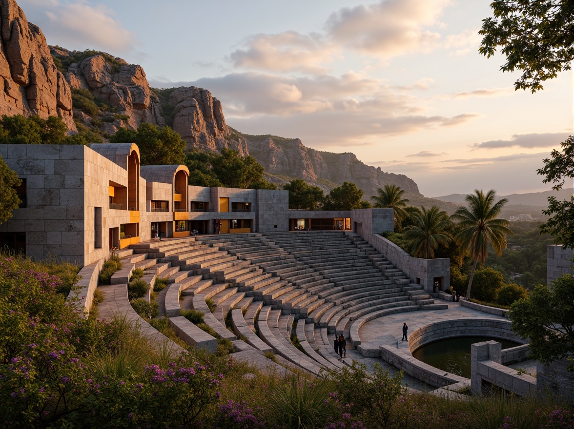 Prompt: Grand amphitheater, postmodern architecture, irregular shapes, fragmented forms, bold colors, eclectic materials, rugged stone walls, distressed wood accents, undulating terrain, lush greenery, meandering pathways, scenic overlooks, dramatic lighting, warm sunset glow, shallow depth of field, 1/2 composition, cinematic view, realistic textures, ambient occlusion.