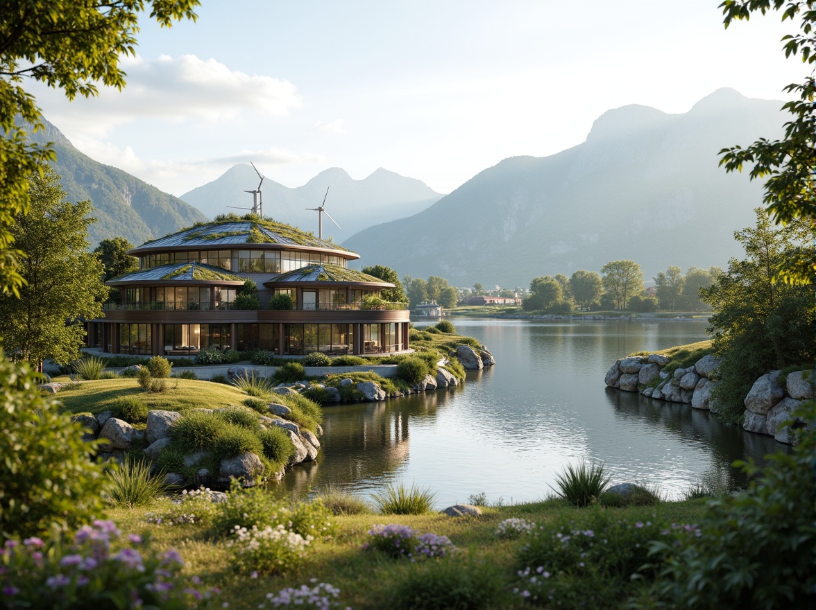 Prompt: Eco-friendly buildings, green roofs, solar panels, wind turbines, water conservation systems, sustainable materials, organic curves, natural stone walls, lush vegetation, serene lakeside, misty mountains, vibrant wildflowers, warm sunny day, soft diffused lighting, shallow depth of field, 3/4 composition, panoramic view, realistic textures, ambient occlusion.