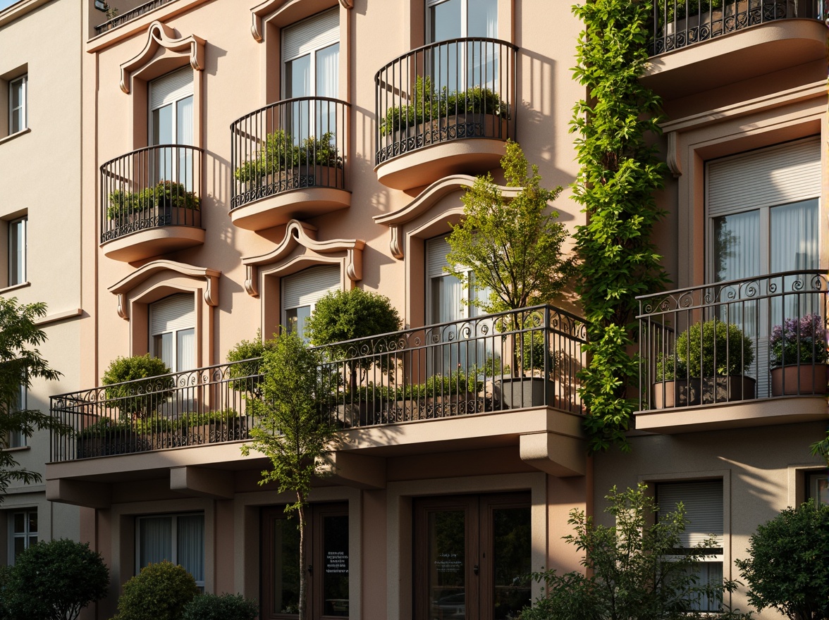 Prompt: Whimsical apartment building, ornate facades, soft pastel colors, delicate ironwork, curved balconies, romantic-era inspired architecture, lush greenery, climbing vines, flower-filled window boxes, warm golden lighting, shallow depth of field, 1/1 composition, intimate close-up shots, realistic textures, ambient occlusion, ornamental details, intricate stonework, decorative cornices, elegant entranceways.