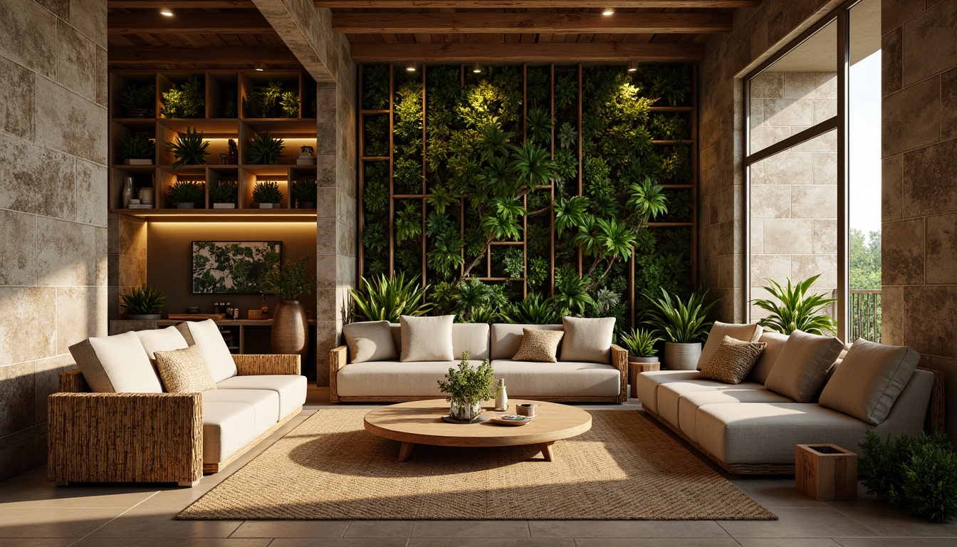 Prompt: Earthy tones, reclaimed wood accents, natural stone walls, woven bamboo furniture, organic shapes, earthy color palette, sustainable design principles, eco-friendly materials, living green walls, lush vegetation, serene ambiance, warm soft lighting, shallow depth of field, 3/4 composition, panoramic view, realistic textures, ambient occlusion.