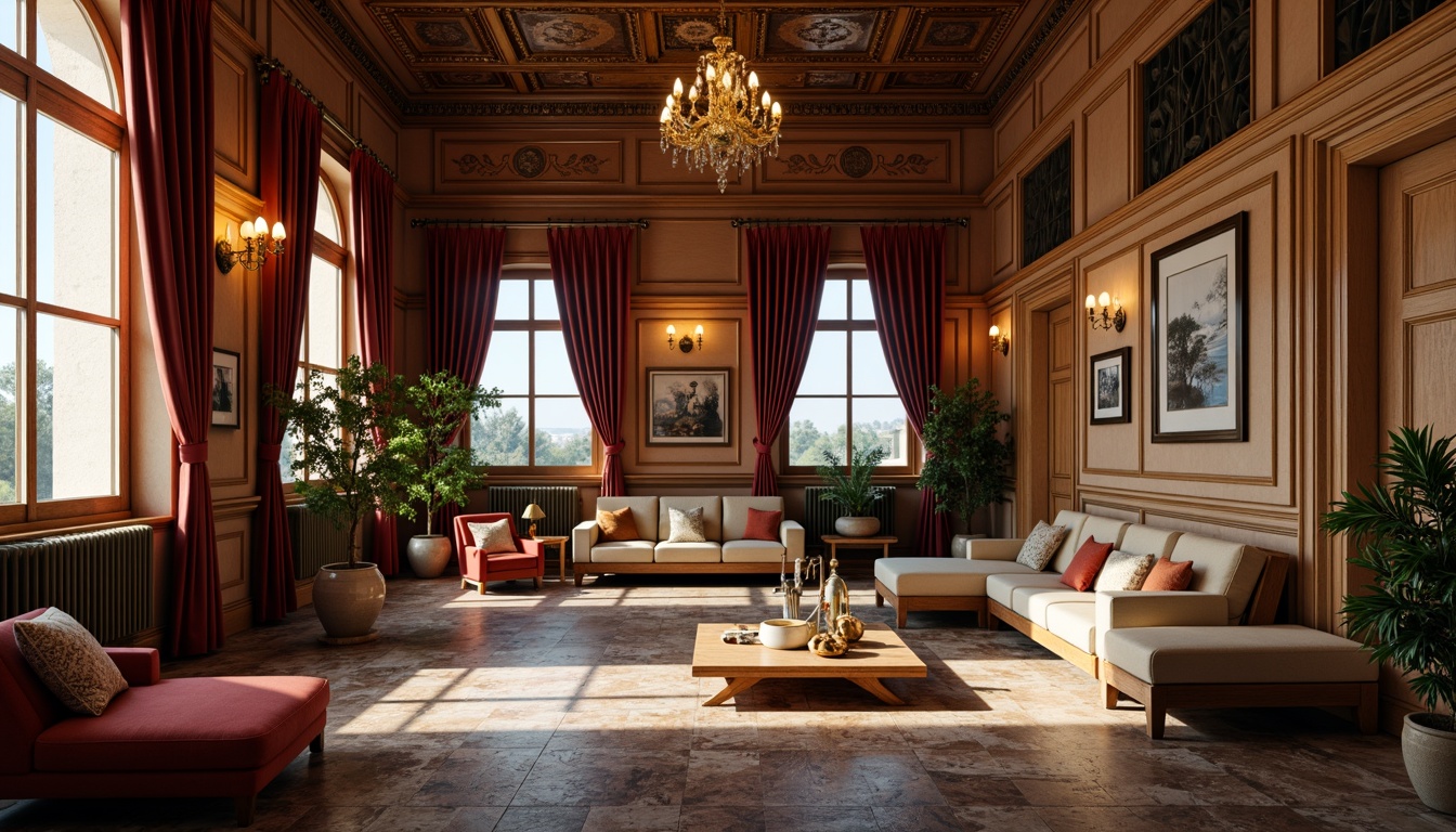 Prompt: Renaissance-style apartments, warm earthy tones, rich wood accents, ornate furnishings, luxurious fabrics, velvet drapes, golden lighting fixtures, intricate moldings, high ceilings, large windows, natural stone floors, elegant archways, sophisticated color scheme, muted reds, deep blues, soft yellows, creamy whites, subtle texture overlays, realistic material reflections, warm ambient lighting, shallow depth of field, 1/1 composition, detailed architectural elements.