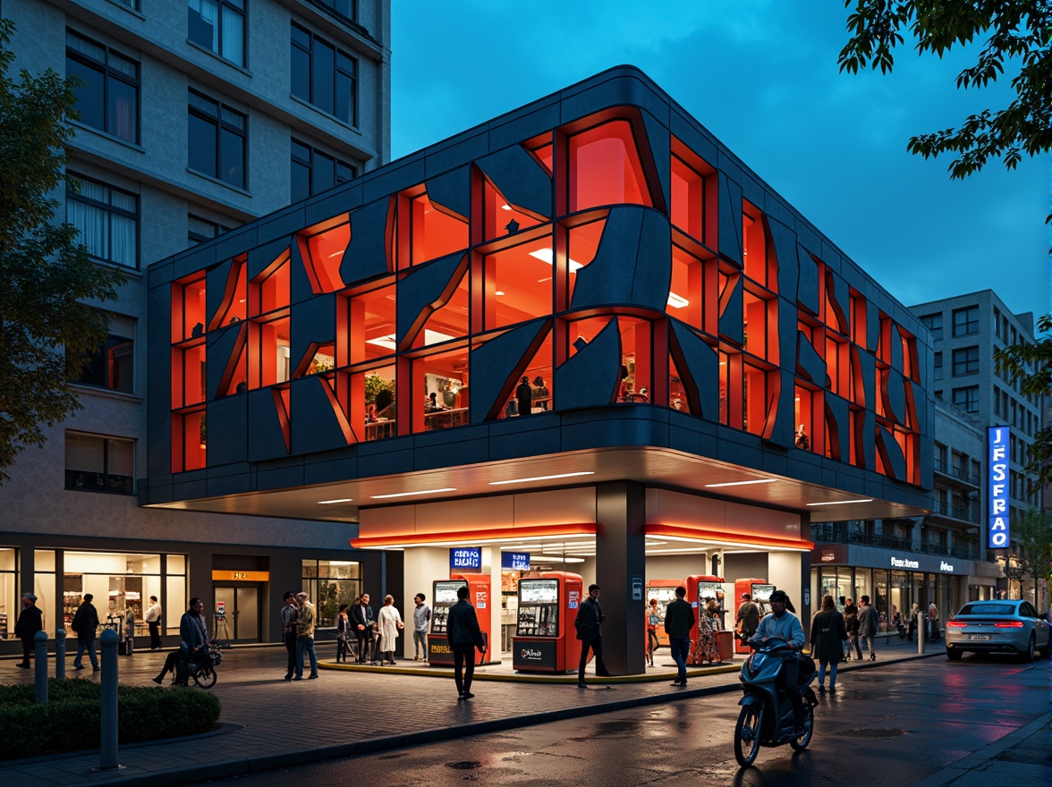 Prompt: Fragmented gas station facade, irregular shapes, bold color contrasts, dynamic angular lines, fractured forms, futuristic aesthetic, metallic materials, reflective surfaces, neon lights, urban cityscape, busy streets, evening atmosphere, dramatic shadows, high-contrast lighting, 1/1 composition, close-up shot, abstract textures, atmospheric fog.