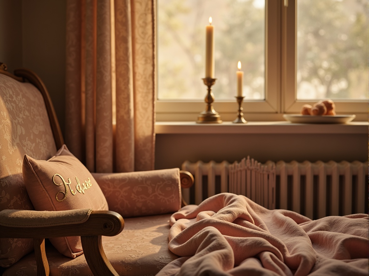 Prompt: Soft candlelight, warm beige walls, rich velvet fabrics, delicate lace details, pastel pink hues, muted gold accents, distressed wood furniture, vintage floral patterns, whimsical script typography, dreamy misty atmosphere, warm golden lighting, shallow depth of field, 1/1 composition, intimate close-up shots, realistic textures, ambient occlusion.