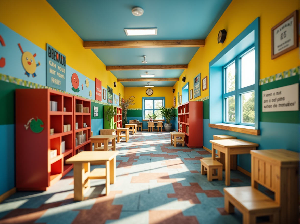 Prompt: Vibrant elementary school, playful kindergarten, bright corridors, educational murals, colorful lockers, wooden desks, green chalkboards, inspirational quotes, motivational posters, soft carpeted floors, natural wood accents, earthy tone walls, calming blue ceilings, warm yellow lighting, shallow depth of field, 1/1 composition, realistic textures, ambient occlusion.