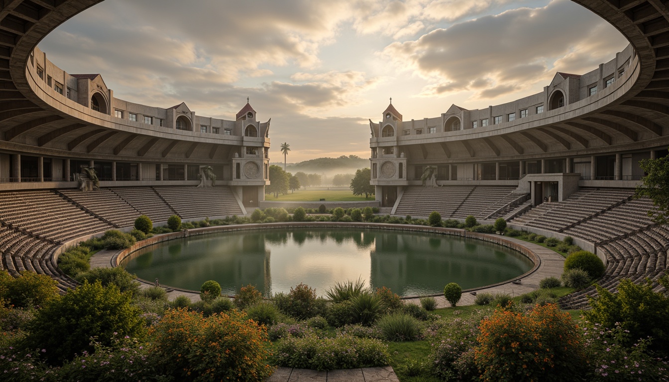 Prompt: Majestic gothic stadium, grandiose arches, ribbed vaults, flying buttresses, ornate stone carvings, mystical gargoyles, lush greenery, vibrant flowers, rolling hills, serene lakeside, misty atmosphere, dramatic cloudy sky, warm golden lighting, shallow depth of field, 1/1 composition, symmetrical view, realistic textures, ambient occlusion, intricate stonework patterns, ornate metal railings, grand entrance gates, imposing towers, majestic spires.