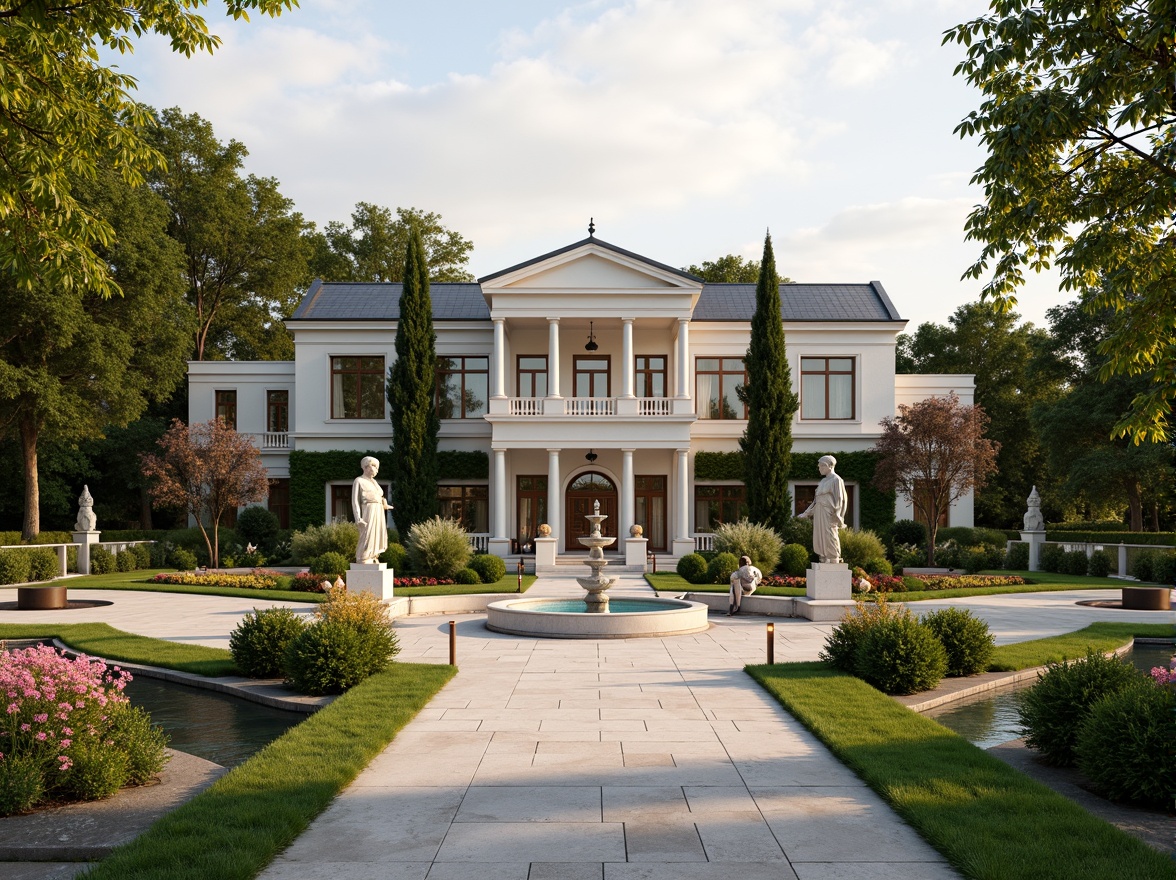 Prompt: Elegant neoclassical mansion, symmetrical gardens, manicured lawns, ornate fountains, statues of Greek gods, walking paths made of natural stone, lantern-style streetlights, blooming flowerbeds, topiary trees, ivy-covered walls, grand entrance gates, classical columns, marble sculptures, serene water features, soft warm lighting, shallow depth of field, 3/4 composition, panoramic view, realistic textures, ambient occlusion.