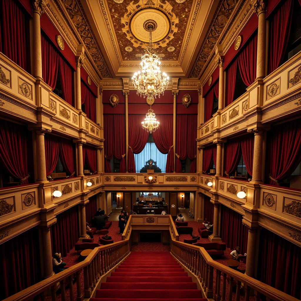 Prompt: Ornate cinema palace, luxurious velvet curtains, golden ornamental details, rich wood paneling, intricate plasterwork, grandiose chandeliers, red carpeted stairs, opulent furnishings, Baroque-inspired architecture, warm soft lighting, shallow depth of field, 1/1 composition, cinematic camera angles, realistic textures, ambient occlusion, dramatic shadows, high-contrast lighting, mysterious atmosphere.