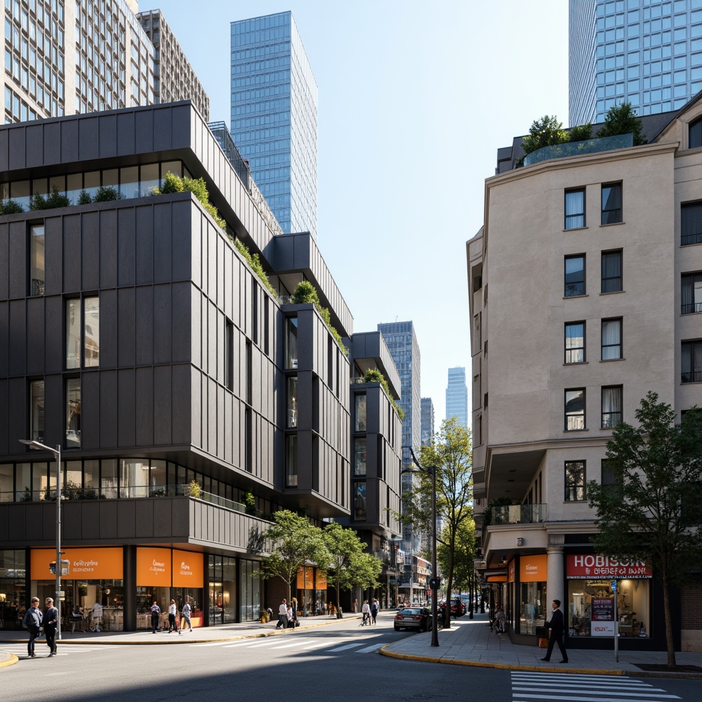 Prompt: Clean minimalist facades, rectangular forms, industrial materials, steel frames, large glass windows, functional simplicity, geometric shapes, primary color accents, bold typography, modernist architecture, urban cityscape, busy street scene, morning sunlight, soft shadows, shallow depth of field, 1/1 composition, realistic textures, ambient occlusion.