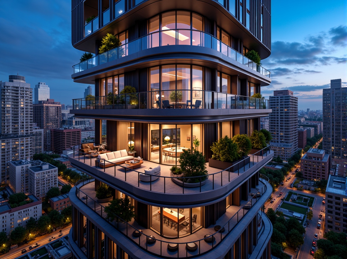 Prompt: Luxurious penthouse, futuristic facade design, sleek metallic materials, angular lines, minimalist aesthetic, floor-to-ceiling windows, panoramic city views, rooftop gardens, modern skyscraper architecture, neon lights, vibrant color schemes, reflective glass surfaces, cantilevered balconies, urban landscape, bustling metropolis, dramatic nighttime lighting, shallow depth of field, 1/1 composition, realistic textures, ambient occlusion.