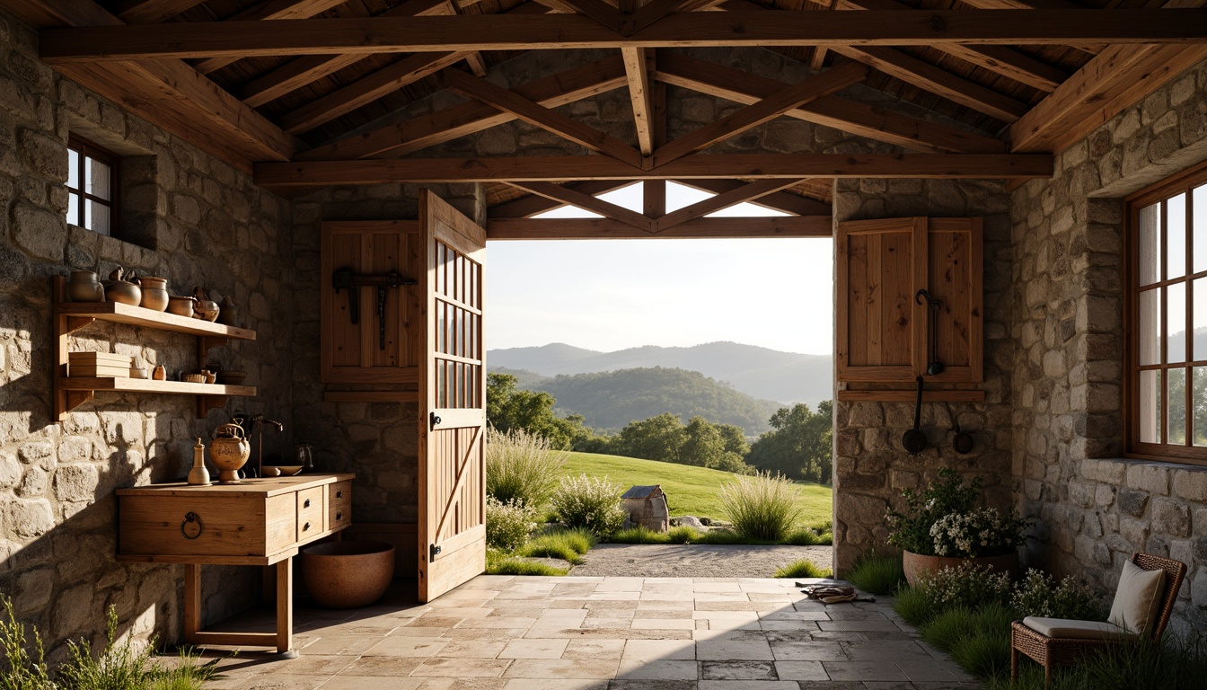 Prompt: Rustic barn, wooden beams, vintage farm tools, natural stone walls, earthy tones, soft warm lighting, large windows, wooden shutters, ornate metal hinges, distressed wood textures, rural landscape, rolling hills, green pastures, wildflowers, sunny day, shallow depth of field, 3/4 composition, panoramic view, realistic textures, ambient occlusion.