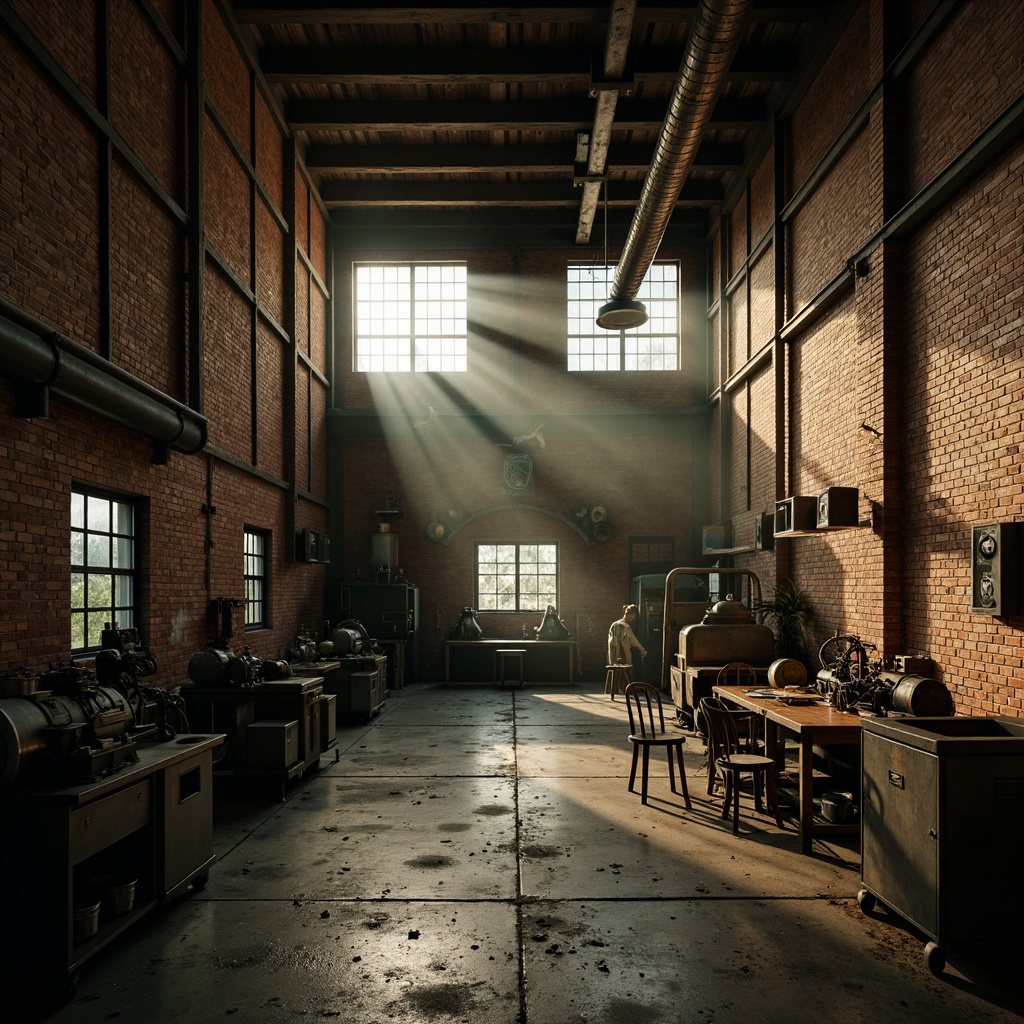 Prompt: Rustic industrial landscape, abandoned factories, distressed brick walls, worn metal pipes, vintage machinery, exposed ductwork, concrete floors, steel beams, reclaimed wood accents, moody atmospheric lighting, warm golden hour, soft misty fog, muted earth tones, weathered copper hues, deep blues, rich greens, bold yellows, gritty textures, realistic wear and tear, cinematic composition, shallow depth of field, 2/3 aspect ratio.