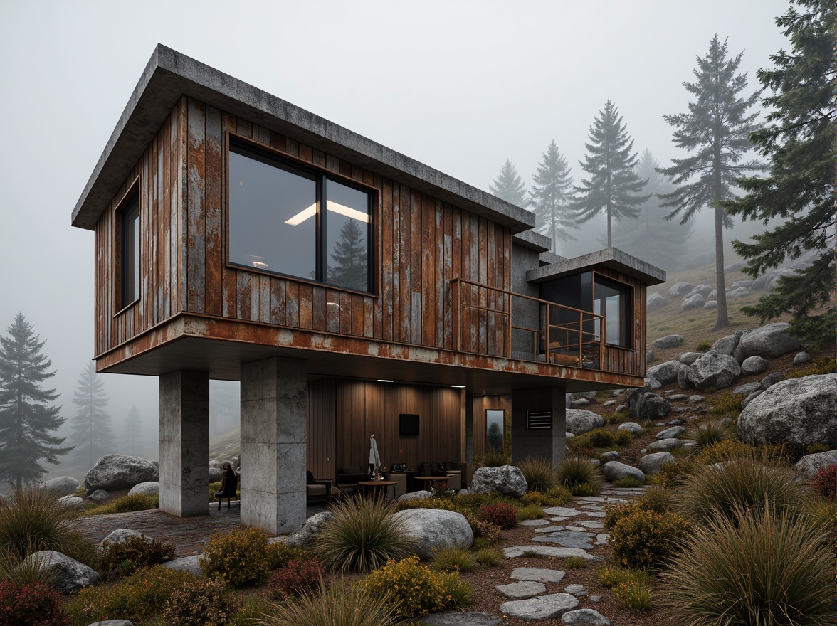 Prompt: Weathered stone walls, rusty metal accents, wooden beam structures, reinforced concrete foundations, durable glass windows, water-resistant roofing materials, earthy color palette, natural textures, rugged landscape surroundings, misty atmospheric conditions, soft warm lighting, shallow depth of field, 3/4 composition, panoramic view, realistic weathering effects, ambient occlusion.