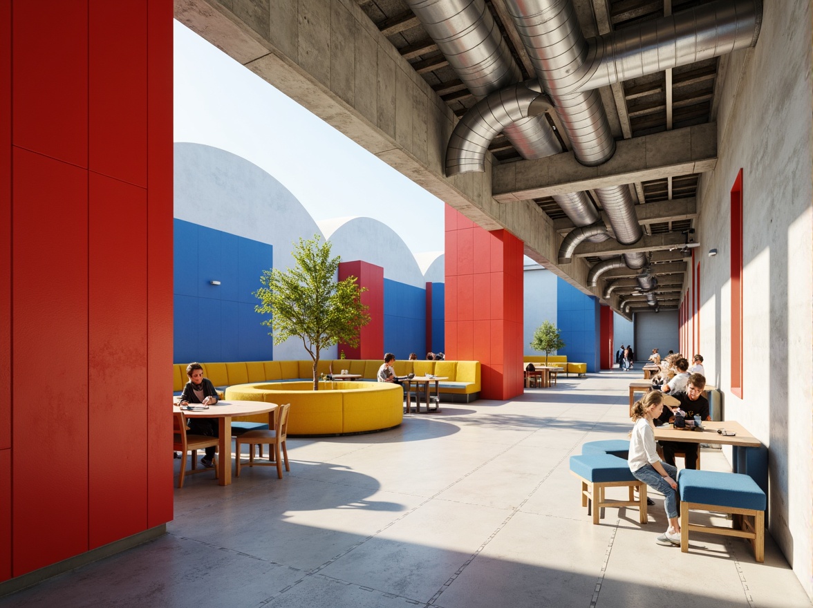 Prompt: Vibrant constructivist school, bold geometric shapes, primary color scheme, bright red accents, deep blue tones, yellow highlights, white concrete walls, industrial metal beams, exposed ductwork, minimalist furniture, functional design, open floor plans, collaborative learning spaces, natural light pouring in, softbox lighting, shallow depth of field, 1/1 composition, realistic textures, ambient occlusion.