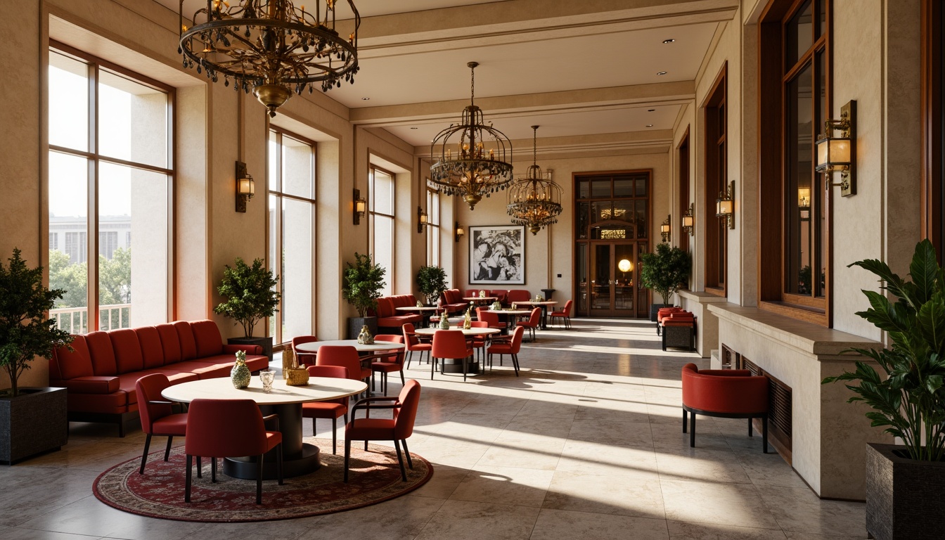 Prompt: Elegant dining hall, luxurious chandeliers, rich wood tones, warm beige walls, soft cream accents, velvety red upholstery, golden metallic fixtures, sophisticated gray marble floors, lavish greenery, natural light pouring in, airy atmosphere, shallow depth of field, 1/1 composition, realistic textures, ambient occlusion.