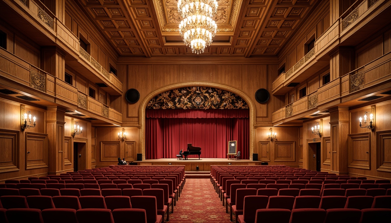 Prompt: Luxurious concert hall, ornate chandeliers, rich wood paneling, plush velvet seats, grand piano, soundproofing materials, acoustic panels, diffusers, absorbers, resonators, tiered seating, balconies, mezzanine levels, high ceilings, intricate moldings, crystal clear sound, warm ambiance, soft warm lighting, shallow depth of field, 3/4 composition, panoramic view, realistic textures, ambient occlusion.