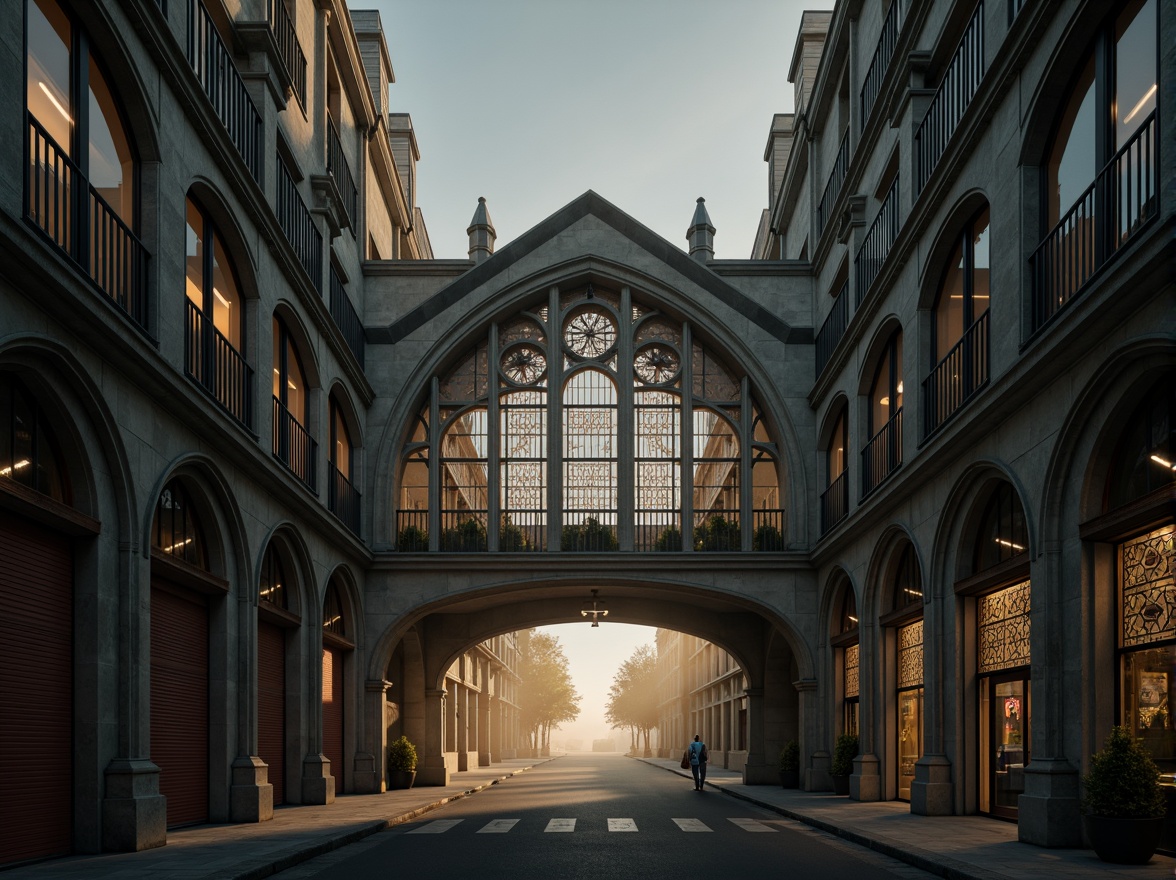 Prompt: Majestic vehicular bridge, pointed arches, ribbed vaults, flying buttresses, ornate stone carvings, grandiose entrance gates, intricate tracery patterns, stained glass windows, mystical ambiance, misty morning light, soft warm glow, shallow depth of field, 1/2 composition, symmetrical framing, dramatic shadows, realistic textures, ambient occlusion.