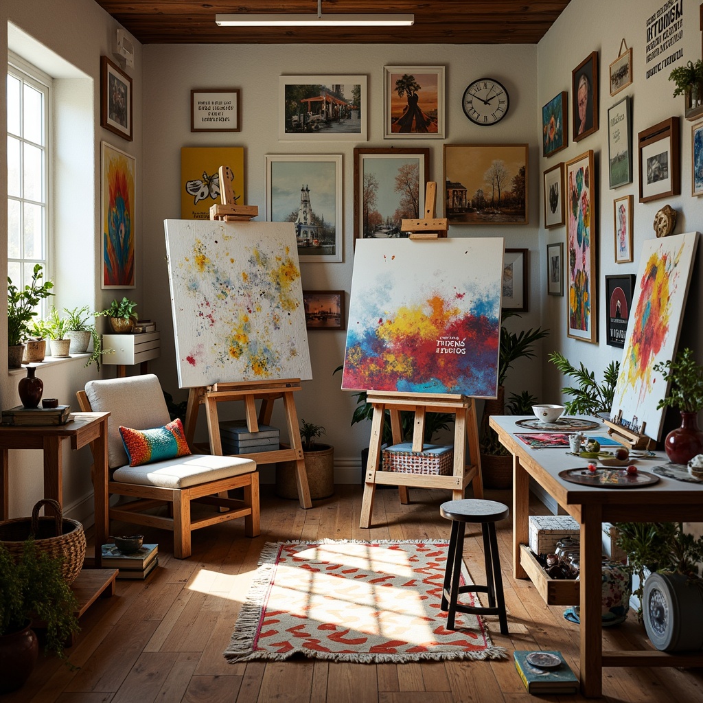 Prompt: Vibrant art studio, eclectic furniture, bold brushstrokes, abstract canvases, artistic easels, paint-splattered aprons, colorful palettes, mixing mediums, textured papers, natural light pouring in, wooden floorboards, inspirational quotes, creative freedom, warm cozy atmosphere, soft overhead lighting, 3/4 composition, shallow depth of field, realistic textures.