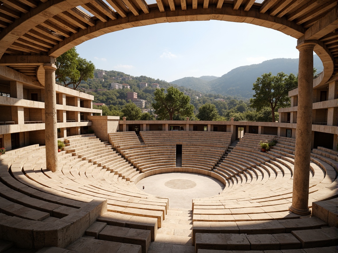 Prompt: Grand amphitheater, tiered seating, ancient Greek inspiration, natural stone walls, curved architecture, open-air design, warm sunny day, soft diffused lighting, high ceilings, clerestory windows, skylights, ambient illumination, subtle shadows, rustic textures, earthy tones, lush greenery, surrounding hills, panoramic views, 1/1 composition, realistic rendering, atmospheric perspective.