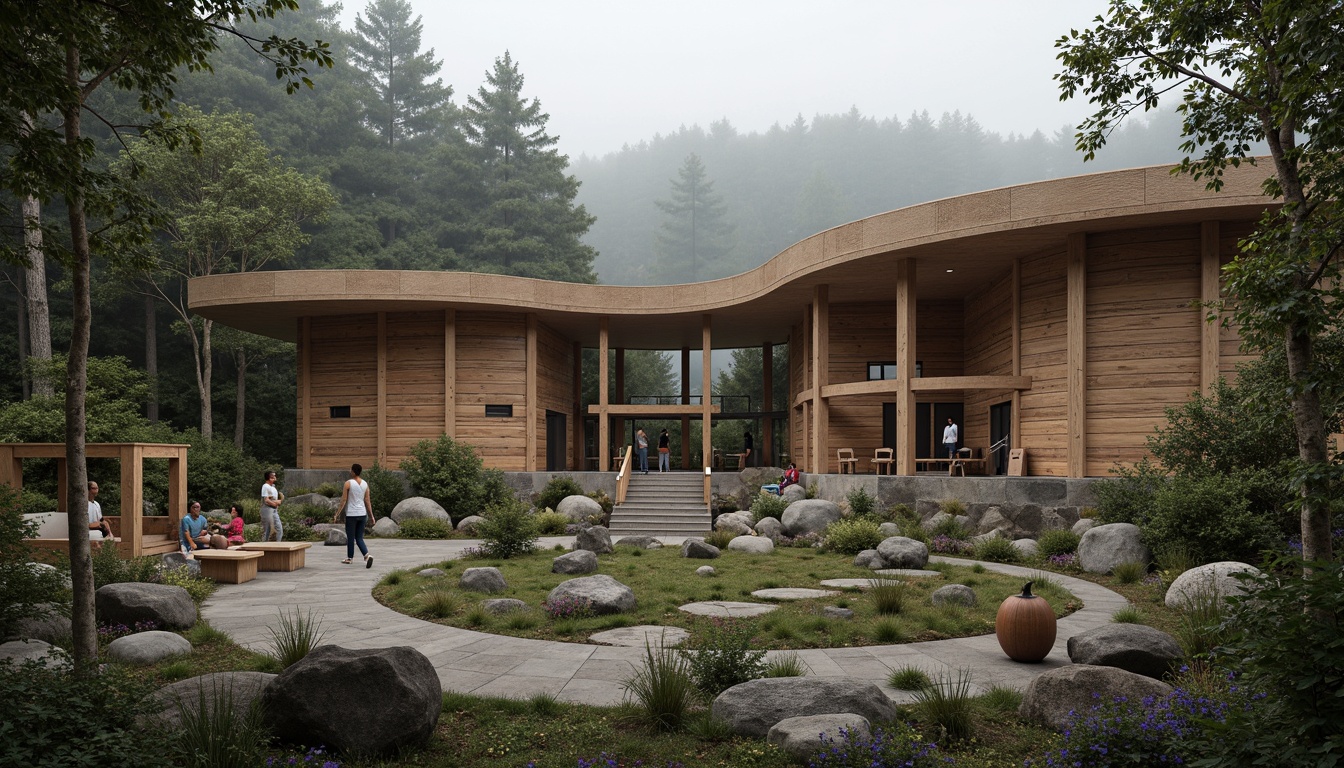 Prompt: Rustic visitor center, natural stone walls, wooden accents, earthy tones, organic textures, undulating rooflines, cantilevered overhangs, floor-to-ceiling windows, panoramic views, surrounding forest, lush foliage, misty atmosphere, soft warm lighting, shallow depth of field, 3/4 composition, realistic materials, ambient occlusion, interactive exhibits, educational displays, immersive experiences, tactile engagement, natural ventilation systems, eco-friendly materials, sustainable design principles.