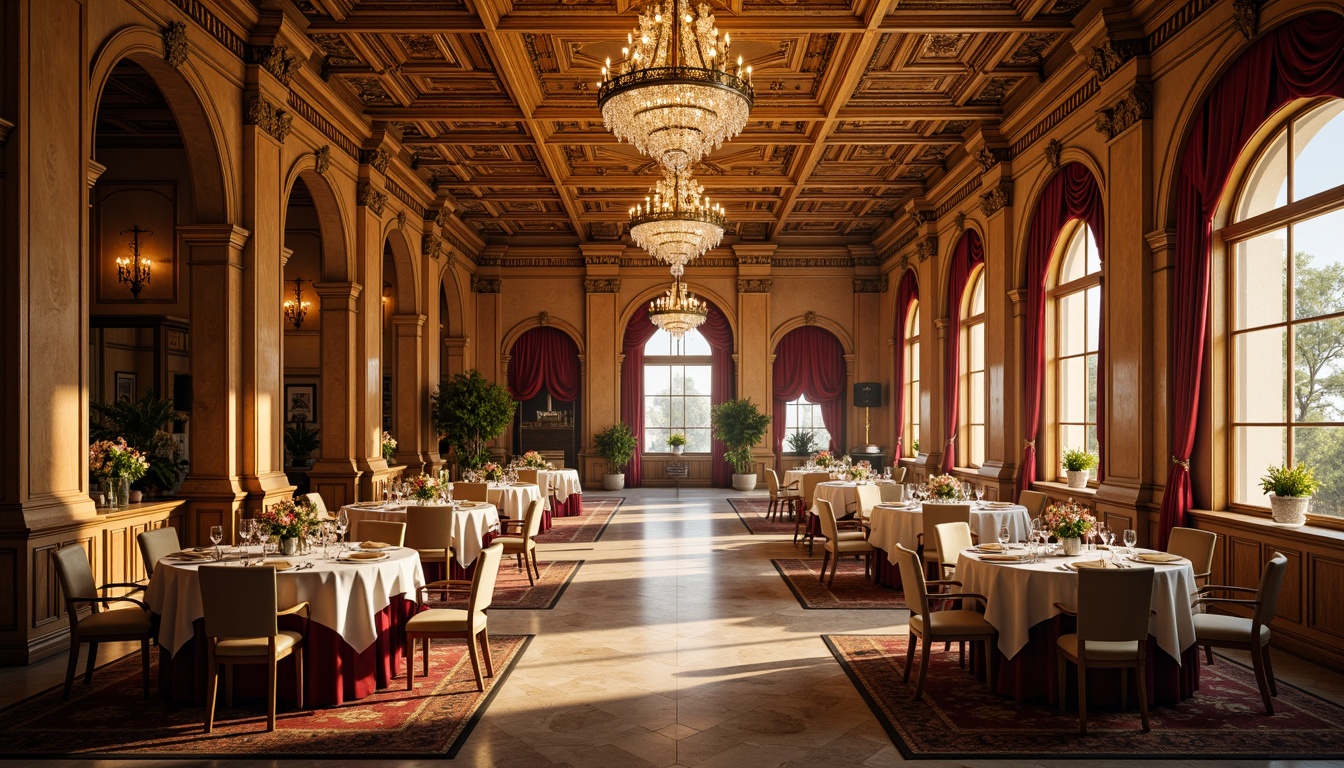 Prompt: Luxurious dining hall, ornate ceiling designs, intricate moldings, gilded details, crystal chandeliers, grandiose archways, marble floors, rich wood paneling, lavish furnishings, opulent fabrics, regal color schemes, warm golden lighting, soft shadows, 1/1 composition, realistic textures, ambient occlusion.