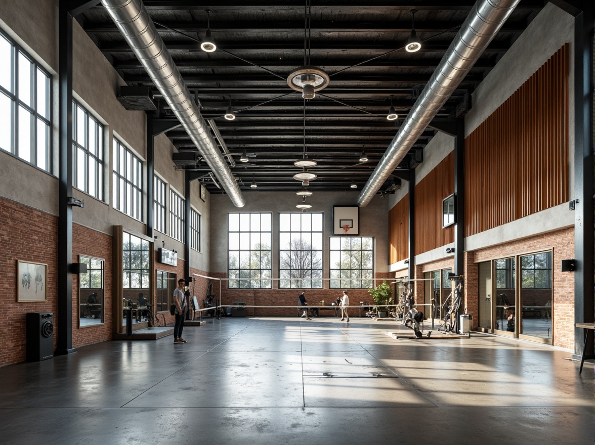 Prompt: Industrial-style gymnasium, exposed ductwork, metal beams, polished concrete floors, reclaimed wood accents, industrial lighting fixtures, steel columns, minimalist decor, functional layout, athletic equipment, basketball hoops, volleyball nets, exercise machines, free weights, mirrored walls, natural ventilation, abundant daylight, high ceilings, urban atmosphere, gritty textures, realistic reflections, shallow depth of field, 1/1 composition, dramatic shadows.