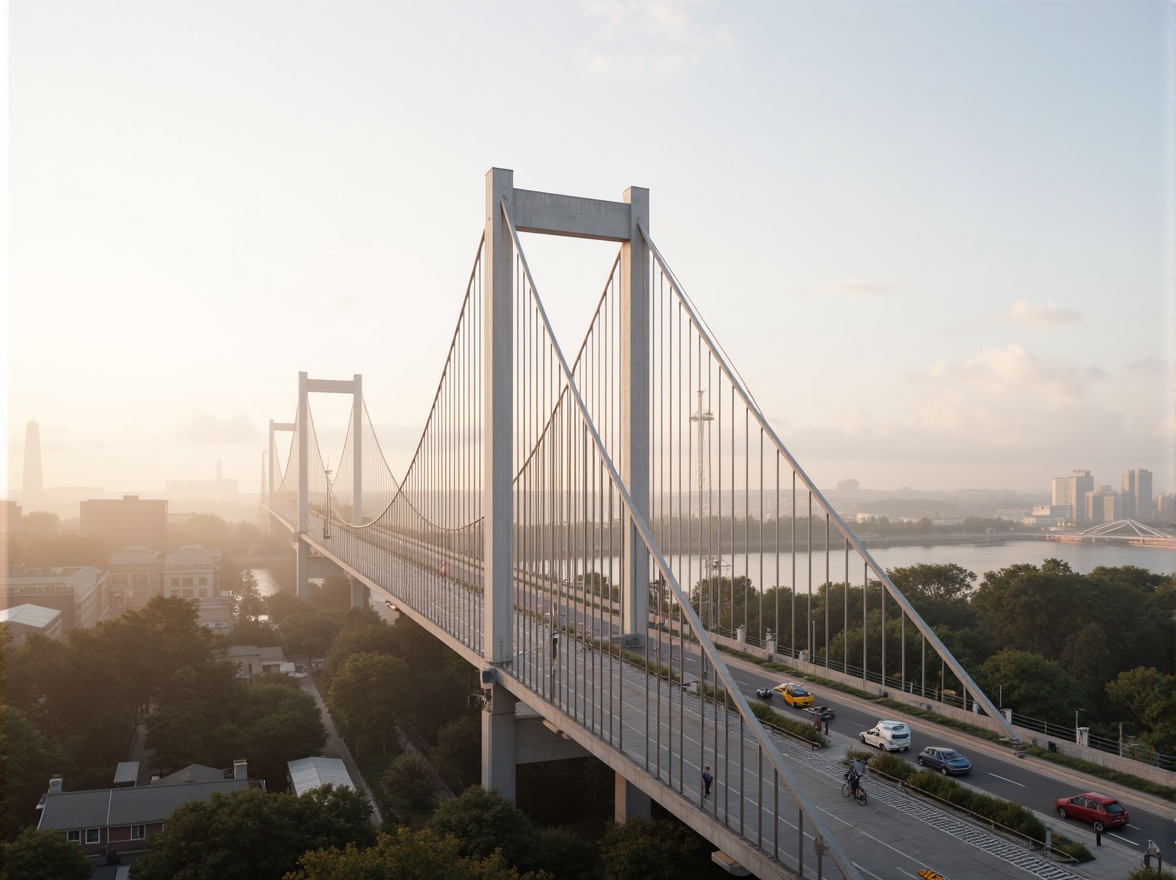 Prompt: Sleek suspension bridge, curved steel arches, sturdy pillars, modern urban landscape, misty morning atmosphere, soft warm lighting, shallow depth of field, 3/4 composition, panoramic view, realistic textures, ambient occlusion, pedestrian walkways, cyclist lanes, vehicular traffic flow, structural integrity, load-bearing capacity, wind resistance, seismic stability, innovative materials, sustainable construction methods, minimalist aesthetic, functional simplicity.