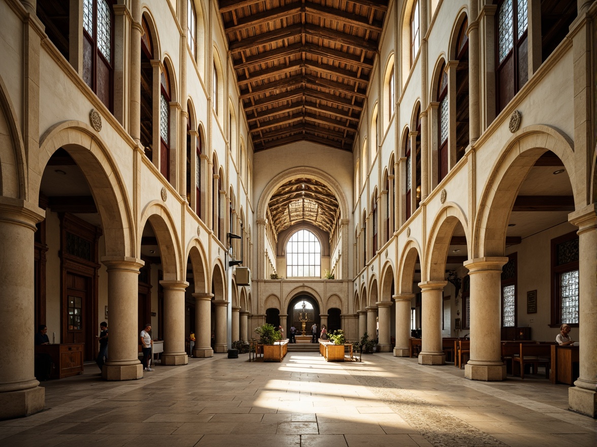 Prompt: Grand Romanesque cathedral, ornate stone carvings, stained glass windows, high ceilings, clerestory lighting, arched doorways, rustic wooden doors, intricate frescoes, vaulted roofs, natural stone flooring, warm beige tones, soft diffused light, indirect sunlight, 1/1 composition, symmetrical framing, subtle shadows, ambient occlusion, realistic textures.