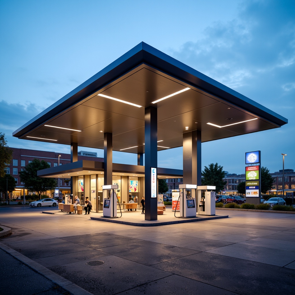 Prompt: Modern gas station, sleek metal canopy, LED lighting, futuristic fuel pumps, angular lines, minimalist design, spacious forecourt, asphalt pavement, urban landscape, busy street scene, morning sunlight, soft warm glow, shallow depth of field, 3/4 composition, panoramic view, realistic textures, ambient occlusion, convenient store entrance, large windows, glass doors, vibrant advertising signs, efficient customer flow, easy parking access, wheelchair accessibility, safety cameras, nighttime security lighting.