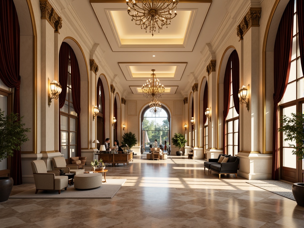 Prompt: Grand hotel lobby, ornate columns, intricately carved capitals, polished marble floors, elegant chandeliers, luxurious furnishings, rich velvet drapes, golden accents, symmetrical composition, classical arches, ornamental moldings, subtle lighting, warm beige tones, refined textures, shallow depth of field, 1/1 composition, realistic reflections, ambient occlusion.