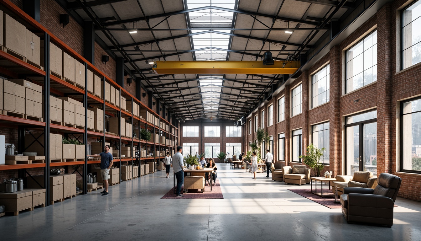 Prompt: Industrial warehouse, exposed brick walls, metal beams, concrete floors, functional shelving units, efficient storage systems, natural light pouring in, clerestory windows, open floor plans, flexible workspaces, collaborative areas, minimalist decor, urban regionalism style, modern industrial architecture, bold color accents, steel columns, overhead cranes, mechanical equipment, functional lighting, shallow depth of field, 1/1 composition, realistic textures, ambient occlusion.