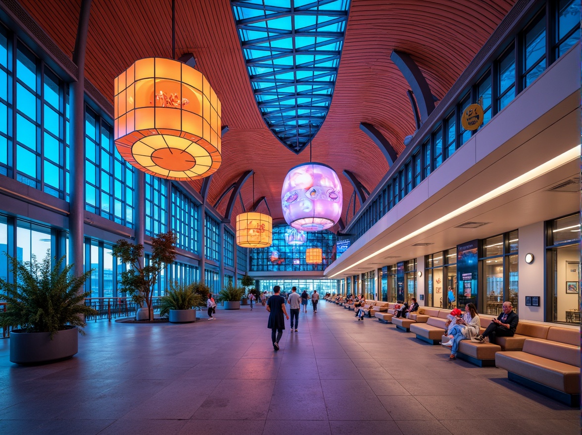 Prompt: Vibrant airport terminal, curved lines, dynamic shapes, bold colors, abstract patterns, futuristic architecture, large glass windows, metallic structures, LED light installations, digital displays, modern signage, airy atriums, open spaces, natural stone floors, sleek benches, minimalist decor, ambient lighting, shallow depth of field, 3/4 composition, panoramic view, realistic textures, ambient occlusion.