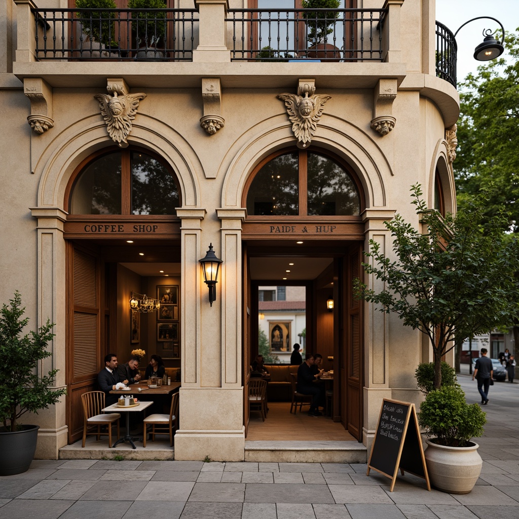 Prompt: Renaissance-style coffee shop facade, ornate stone carvings, arched windows, rustic wooden doors, vintage metal lanterns, intricate stucco patterns, warm beige color scheme, ornamental columns, grand entrance, inviting outdoor seating, lush greenery, charming streetlights, soft warm lighting, shallow depth of field, 1/1 composition, realistic textures, ambient occlusion.