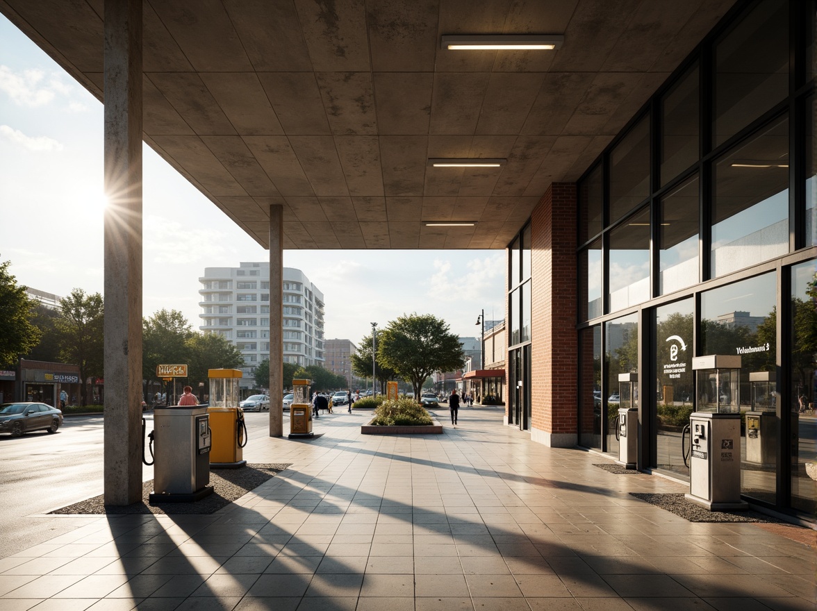 Prompt: Modernist gas station, sleek glass panels, minimalist design, angular lines, industrial chic aesthetic, functional architecture, urban landscape, busy city streets, morning sunlight, soft warm lighting, shallow depth of field, 3/4 composition, panoramic view, realistic textures, ambient occlusion, geometric shapes, metallic accents, bold typography, vintage gas pumps, retro-style signage, concrete flooring, steel beams, open ceiling, natural ventilation, functional simplicity.