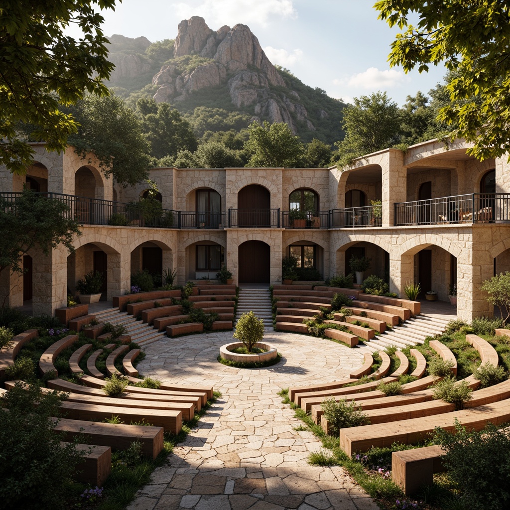 Prompt: Grand amphitheater, tiered seating, rustic stone walls, weathered wooden benches, vibrant greenery, lush foliage, natural rock formations, dramatic arches, grandiose entrance, ornate metal railings, warm golden lighting, soft shadows, high contrast textures, rough stone floors, smooth wooden surfaces, dynamic angular lines, symmetrical composition, 1/2 frame division, atmospheric perspective, realistic material rendering.