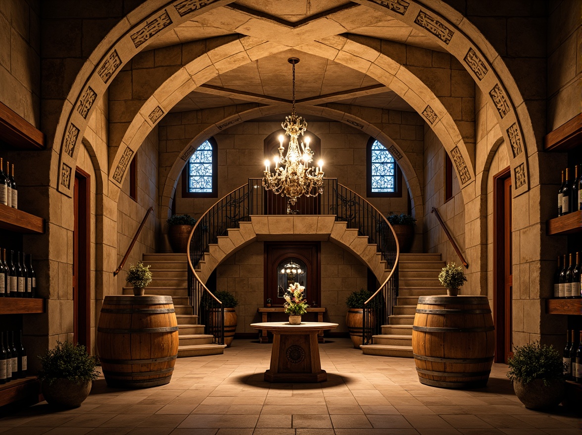 Prompt: Rustic winery, ornate stone carvings, grandiose archways, sweeping staircases, lavish chandeliers, rich wood accents, intricate moldings, ornamental ironwork, vintage wine barrels, dimly lit cellar, warm golden lighting, soft focus, shallow depth of field, 1/2 composition, symmetrical framing, realistic textures, ambient occlusion.