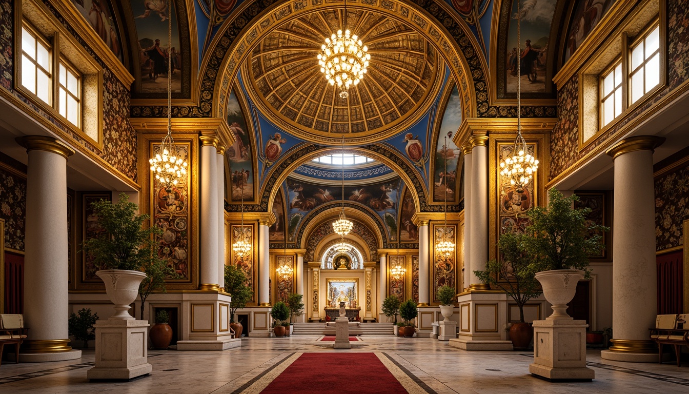 Prompt: Intricate mosaics, golden domes, ornate archways, lavish frescoes, richly patterned textiles, grandiose columns, marble floors, ornamental capitals, Byzantine crosses, intricate stone carvings, vibrant apse murals, elaborate iconostases, gilded accents, luxurious drapery, majestic vaulted ceilings, warm golden lighting, shallow depth of field, 1/2 composition, realistic textures, ambient occlusion.