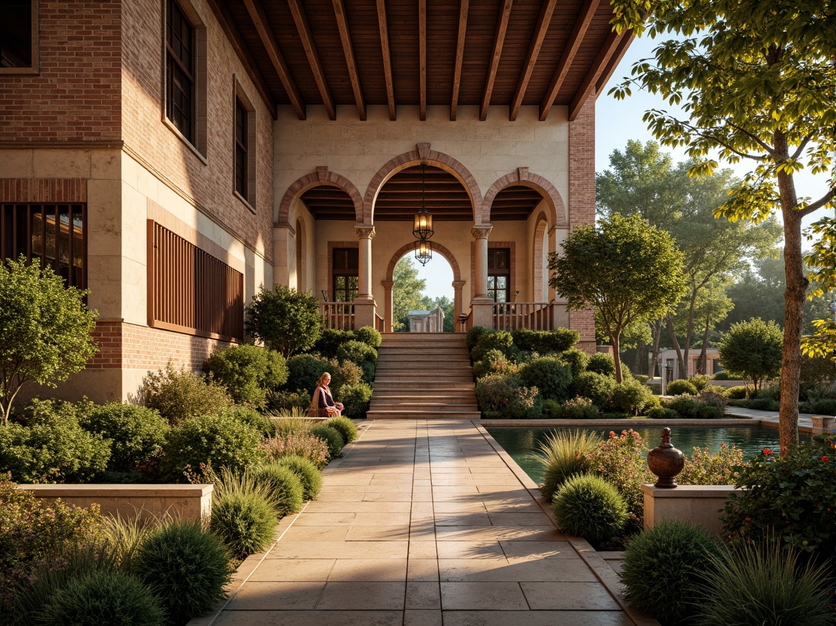 Prompt: Grand pavilion, Romanesque architecture, ornate stone carvings, arched windows, rustic brick walls, terracotta roof tiles, lush greenery, vibrant flowers, tranquil water features, natural stone walkways, grand staircases, elegant chandeliers, warm golden lighting, shallow depth of field, 3/4 composition, panoramic view, realistic textures, ambient occlusion.