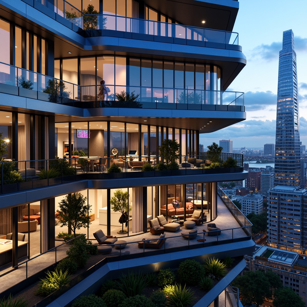 Prompt: Luxurious penthouse, futuristic facade design, sleek metallic materials, angular lines, minimalist aesthetic, floor-to-ceiling windows, panoramic city views, rooftop gardens, modern skyscraper architecture, neon lights, vibrant color schemes, reflective glass surfaces, cantilevered balconies, urban landscape, bustling metropolis, dramatic nighttime lighting, shallow depth of field, 1/1 composition, realistic textures, ambient occlusion.