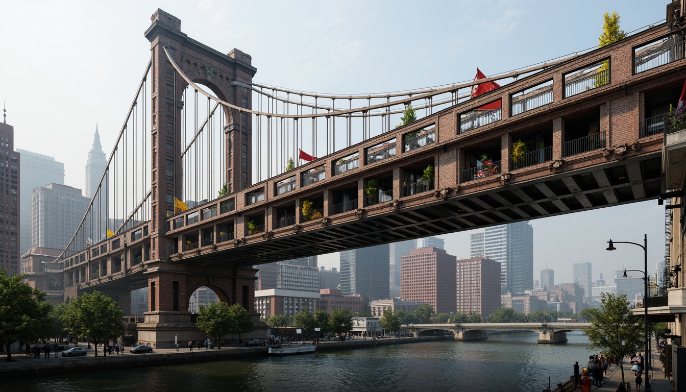 Prompt: Eclectic bridge architecture, curved lines, irregular shapes, mixed materials, steel beams, stone pillars, wooden decks, vibrant color schemes, ornate details, Gothic-inspired arches, Romanesque columns, Art Nouveau motifs, futuristic accents, dynamic lighting, misty atmosphere, urban cityscape, riverbank setting, pedestrian walkways, vehicle traffic flow, 1/2 composition, low-angle shot, dramatic shadows, realistic textures, ambient occlusion.