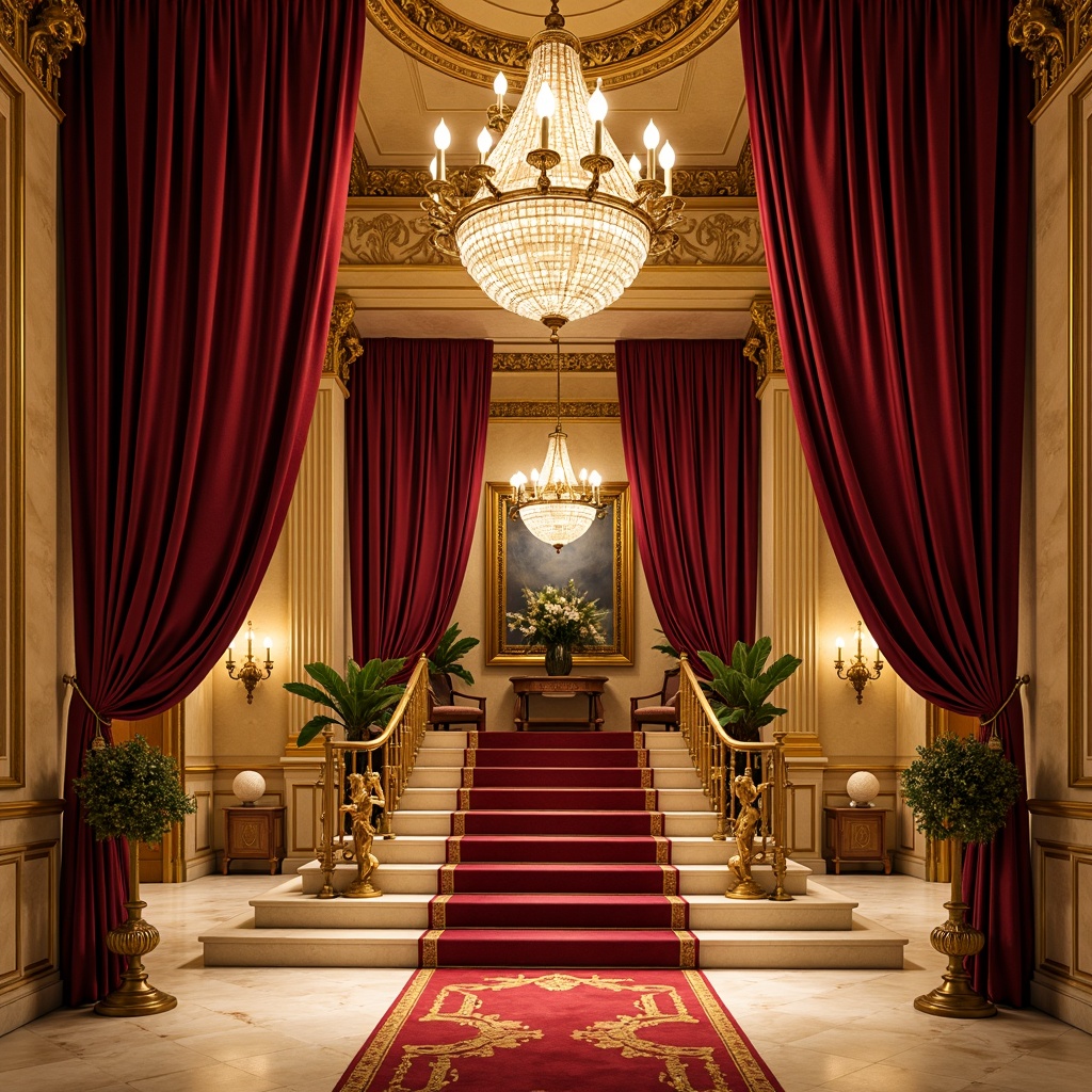 Prompt: Rich velvet curtains, ornate golden details, grand chandeliers, red carpeted stairs, intricate moldings, Baroque-inspired architecture, warm beige stone walls, soft cream-colored marble floors, lavish furnishings, dramatic spotlights, warm golden lighting, shallow depth of field, 1/2 composition, realistic textures, ambient occlusion, Renaissance-era inspired color palette, rich jewel tones, deep crimson reds, emerald greens, sapphire blues, luxurious fabrics, ornate patterns, gilded accents.